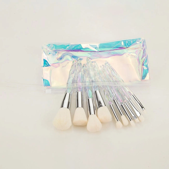 Crystal Set of 10 MakeUp Brushes in Clear Pouch - Cream